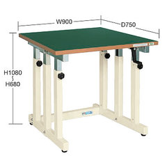 手動ハンドル式昇降作業台座り作業立ち作業用(900×750×680～1080)リノリューム天板 品番　M350DN-097FENS